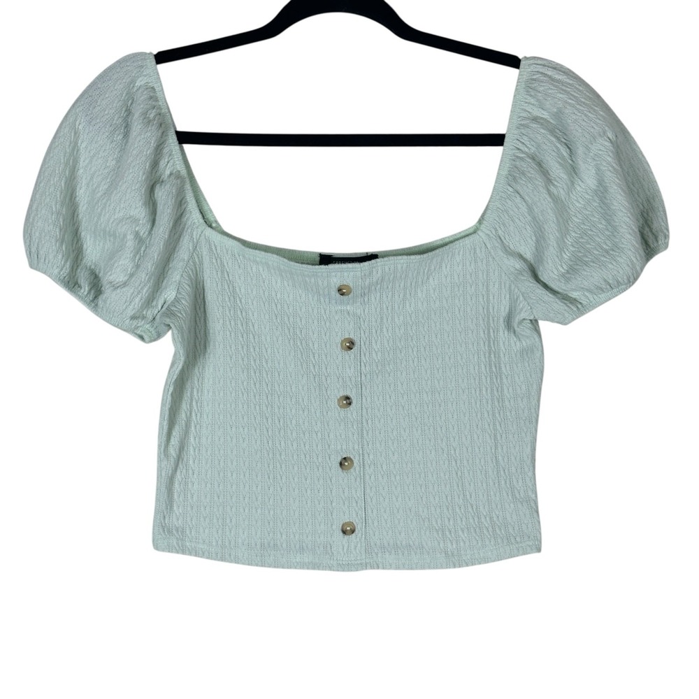 Forever 21 Puff Sleeve Crop Top Womens L Pastel Green Button Front Cottagecore